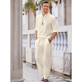 Men's Linen Blend Retro Henley Shirt Long Sleeve T-shirt Tee, Casual Comfy Shirts For Men Spring Summer Autumn, Men's Clothing Tops For Beach Yoga