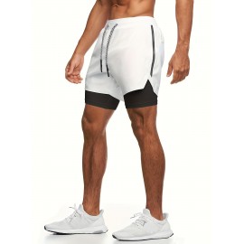 2-in-1 Double Layer Shorts With Inner Zipper Pocket, Men's High Stretch Sports Shorts For Summer Gym Workout Training 2-in-1 Double Layer Shorts With Inner Zipper Pocket, Men's High Stretch Sports Shorts For Summer Gym Workout Training