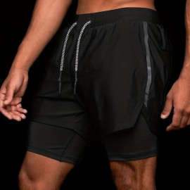 2-in-1 Double Layer Shorts With Inner Zipper Pocket, Men's High Stretch Sports Shorts For Summer Gym Workout Training 2-in-1 Double Layer Shorts With Inner Zipper Pocket, Men's High Stretch Sports Shorts For Summer Gym Workout Training