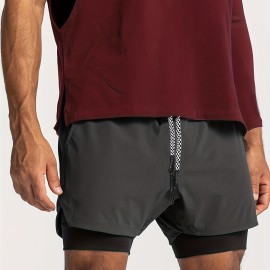 2-in-1 Double Layer Shorts With Inner Zipper Pocket, Men's High Stretch Sports Shorts For Summer Gym Workout Training 2-in-1 Double Layer Shorts With Inner Zipper Pocket, Men's High Stretch Sports Shorts For Summer Gym Workout Training