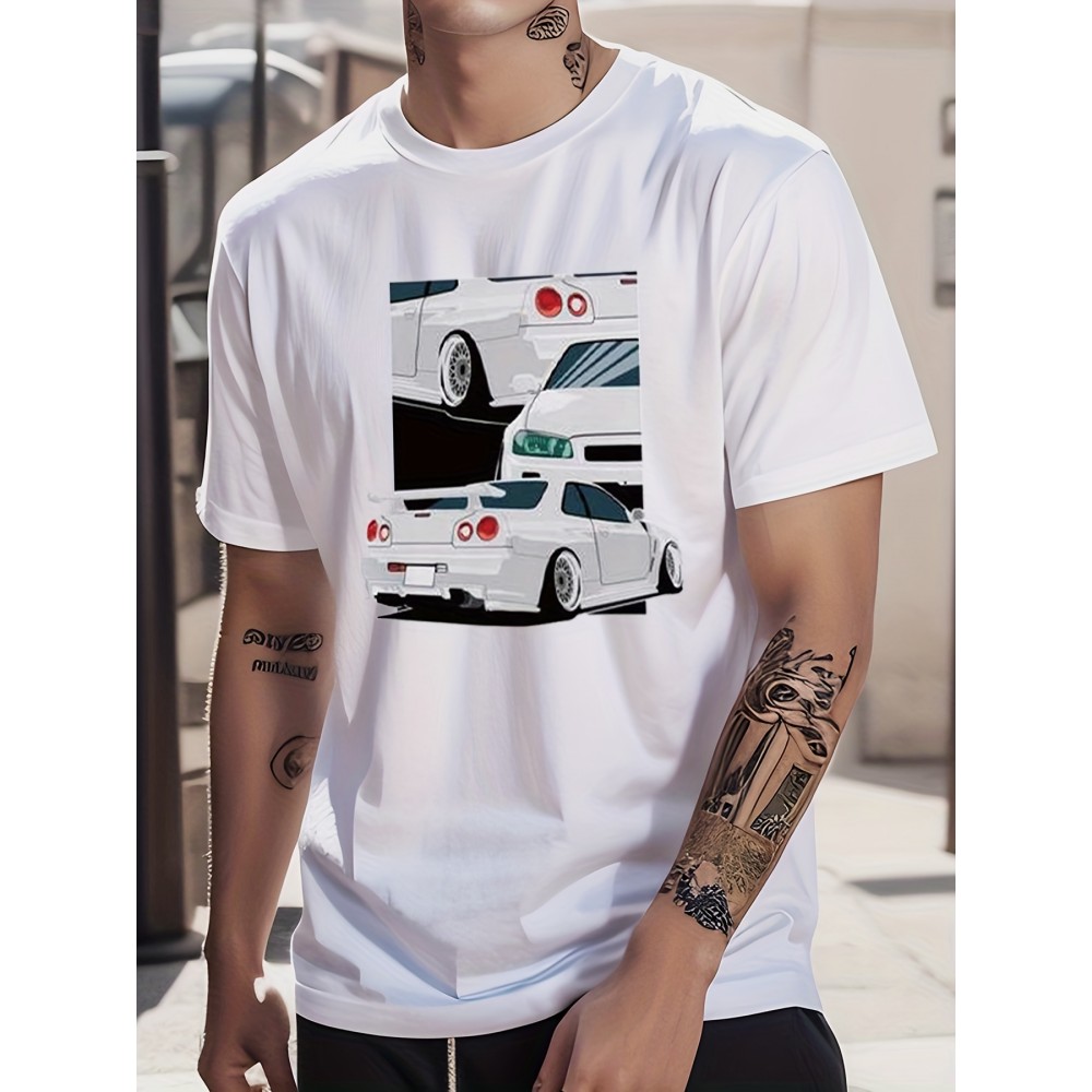 Cotton Car Painting Print, Men's Graphic Design Crew Neck T-shirt, Casual Comfy Tees Tshirts For Summer, Men's Clothing Tops For Daily Vacation Resorts Cotton Car Painting Print, Men's Graphic Design Crew Neck T-shirt, Casual Comfy Tees Tshirts For Summer, Men's Clothing Tops For Daily Vacation Resorts