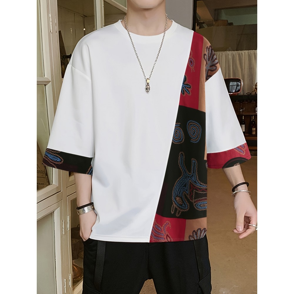 Men Loose T-Shirt Patchwork Round Neck Tee Streetwear Vintage Tops Men Loose T-Shirt Patchwork Round Neck Tee Streetwear Vintage Tops